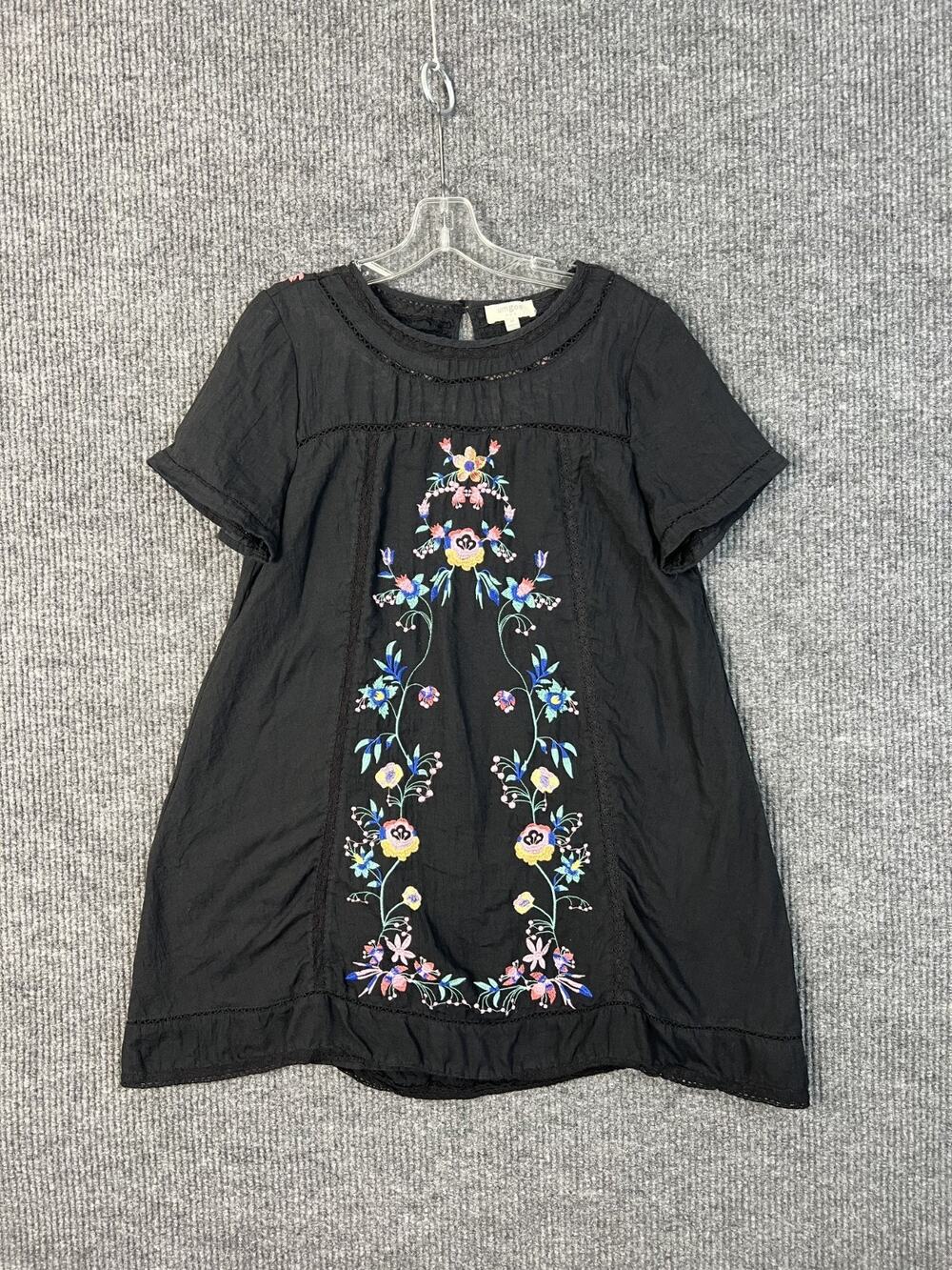 Umgee Dress Medium Black Floral Embroidered Short Sleeve Crotchet Detail Bohemia